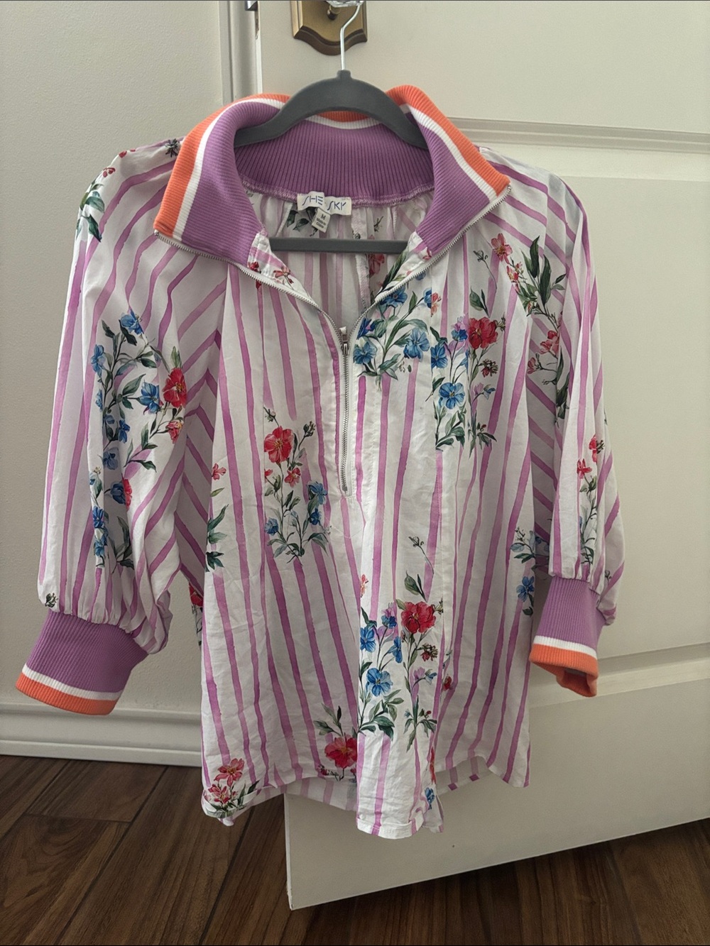 SHE & SKY Striped Floral Half-Zip Top in Lavender & White